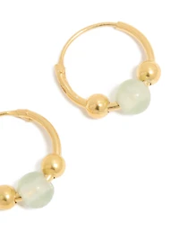 Gold Plated Sterling Silver Green Semi-Precious Stone Hoop Earrings