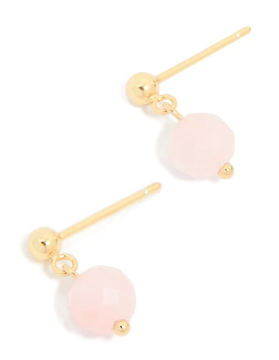 Gold Plated Sterling Silver Rose Quartz Semi Precious Stone Drop Earrings