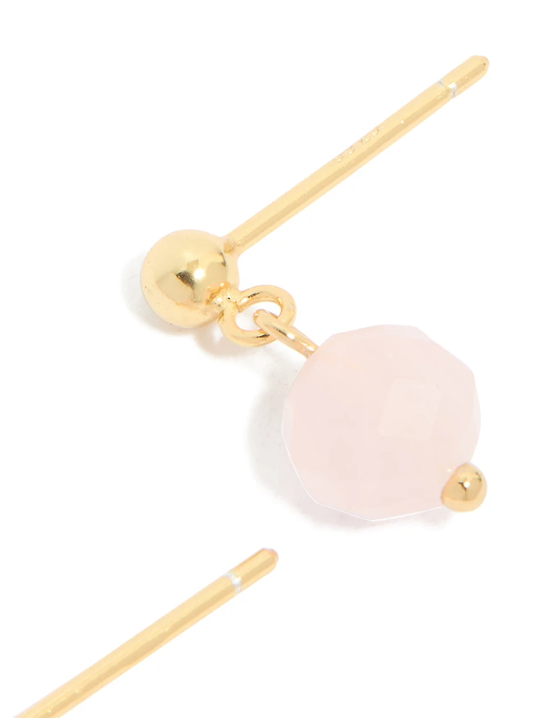 Gold Plated Sterling Silver Rose Quartz Semi Precious Stone Drop Earrings