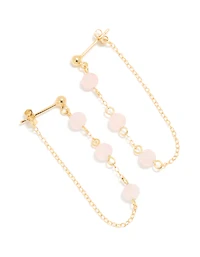 Gold Plated Sterling Silver Pink Rose Quartz Semi Precious Stone Long Drop Earrings