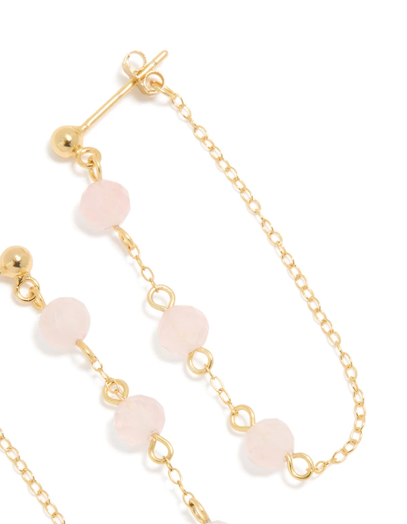 Gold Plated Sterling Silver Pink Rose Quartz Semi Precious Stone Long Drop Earrings