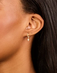 Gold Plated Sterling Silver Clear Quartz Semi Precious Stone Hoop Earrings