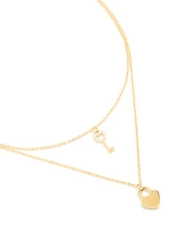 Waterproof Gold Plated Stainless Steel Key & Heeart Lock Layered Necklace