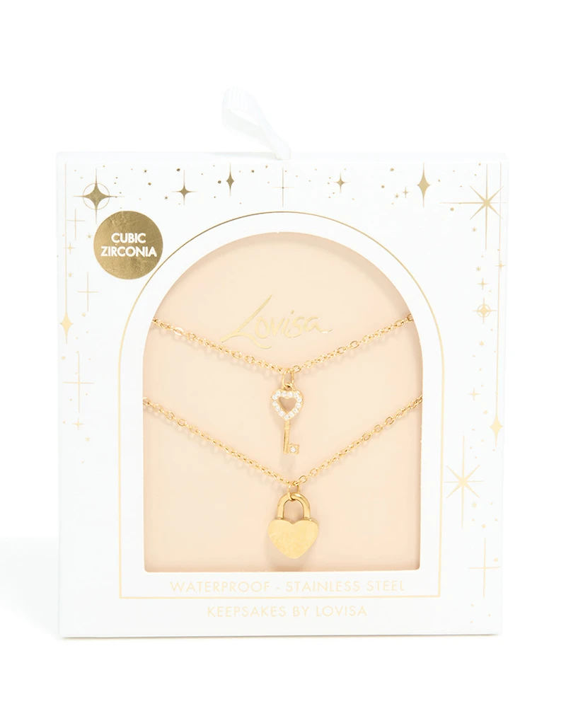 Waterproof Gold Plated Stainless Steel Key & Heeart Lock Layered Necklace