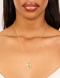 Waterproof Gold Plated Stainless Steel Square & Butterfly Pendant Necklace