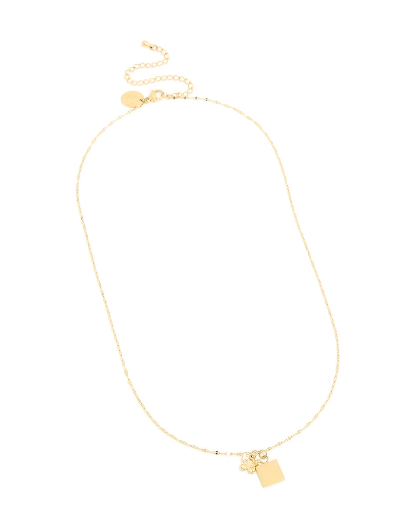 Waterproof Gold Plated Stainless Steel Square & Butterfly Pendant Necklace