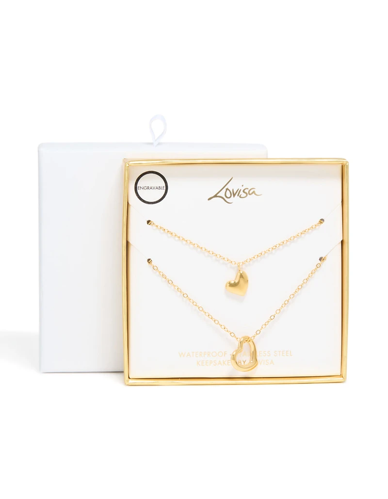 Waterproof Gold Plated Stainless Steel Cut Out Heart & Solid Heart Necklaces 2-Pack