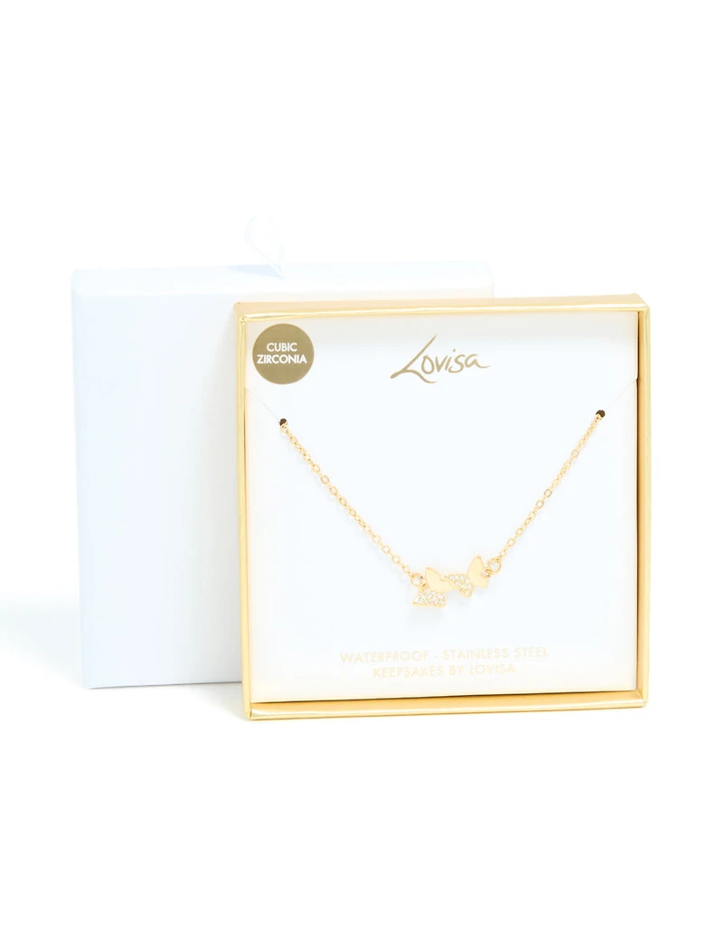 Waterproof Gold Plated Stainless Steel Cubic Zirconia Butterfly Necklace