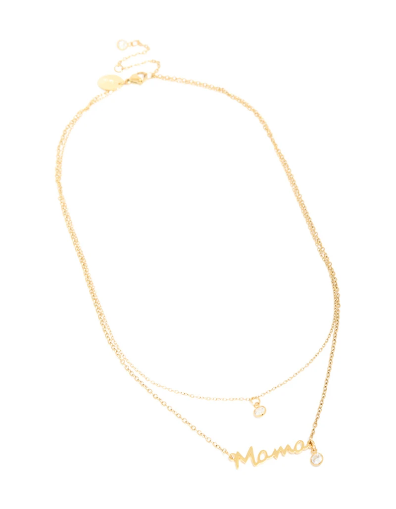 Waterproof Gold Plated Stainless Steel Cubic Zirconia Mama Layered Necklace