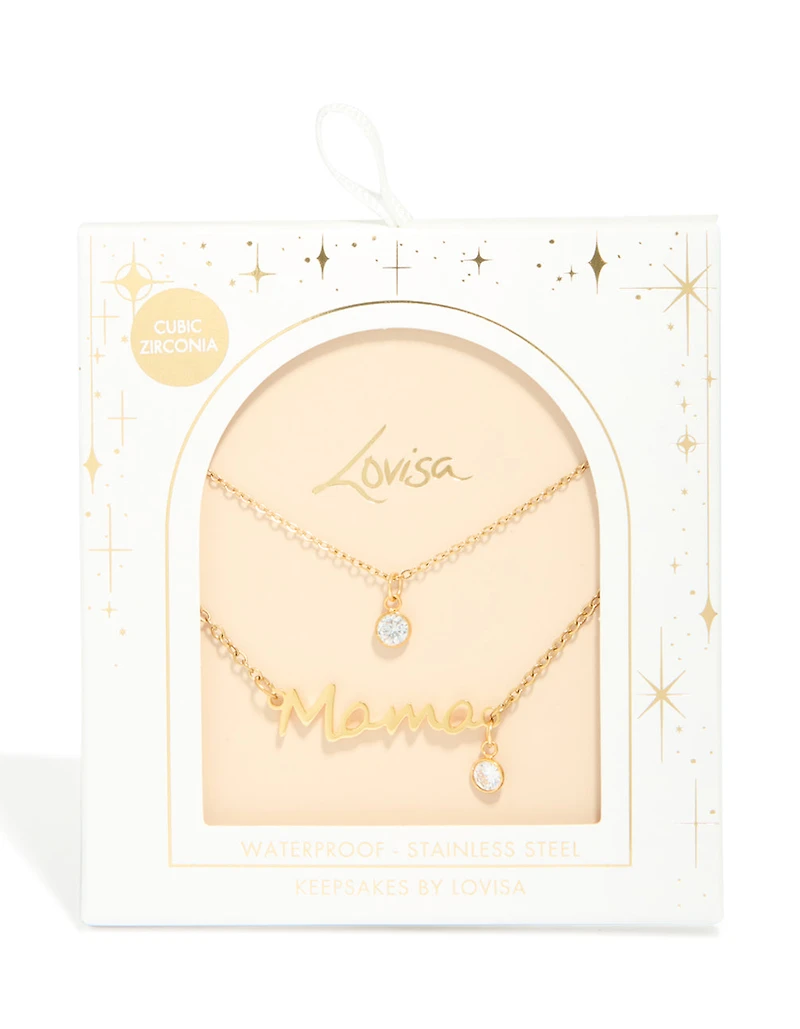 Waterproof Gold Plated Stainless Steel Cubic Zirconia Mama Layered Necklace