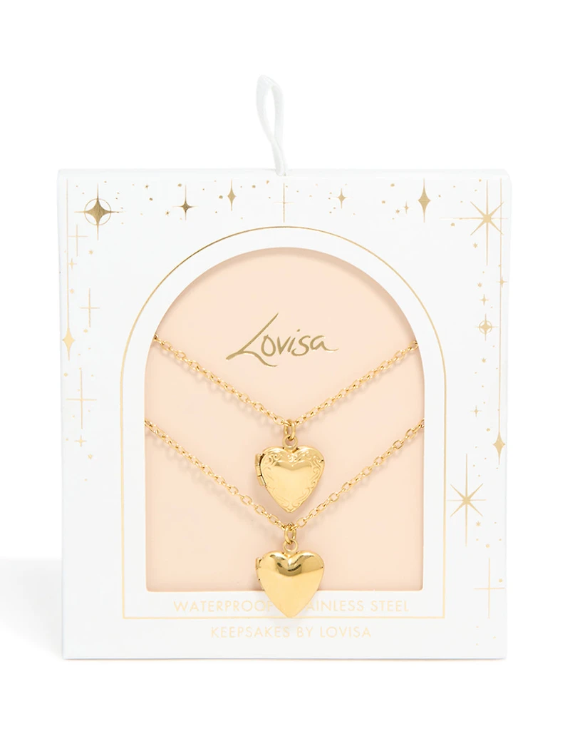 Waterproof Gold Plated Stainless Steel Heart Locket Necklaces 2-Pack