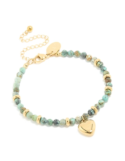 Waterproof Gold Plated Stainless Steel Aqua Semi Precious Stone Chunky Heart Bracelet