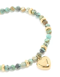 Waterproof Gold Plated Stainless Steel Aqua Semi Precious Stone Chunky Heart Bracelet