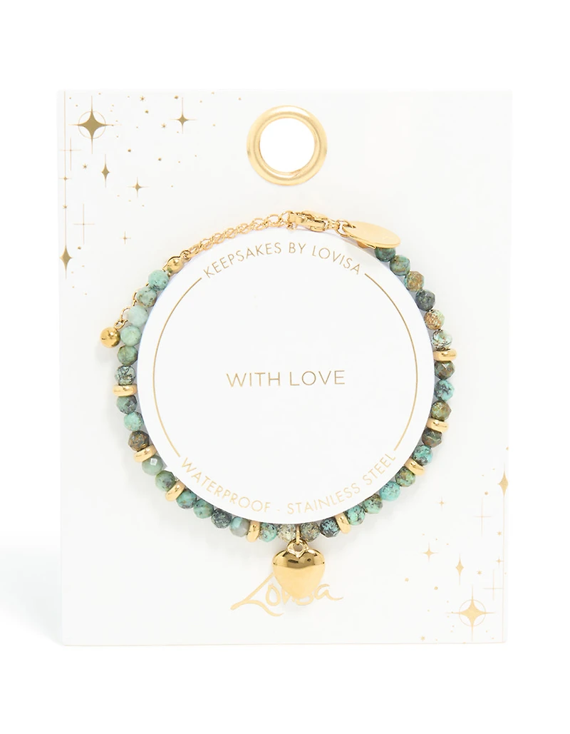 Waterproof Gold Plated Stainless Steel Aqua Semi Precious Stone Chunky Heart Bracelet