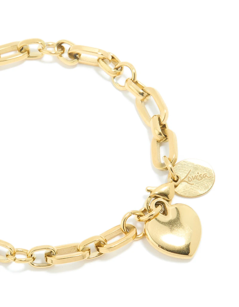 Waterproof Gold Stainless Steel Chunky Heart Link Charm Bracelet