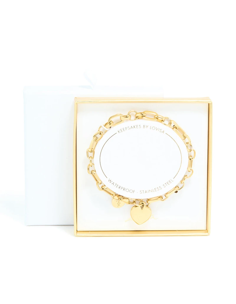 Waterproof Gold Stainless Steel Chunky Heart Link Charm Bracelet
