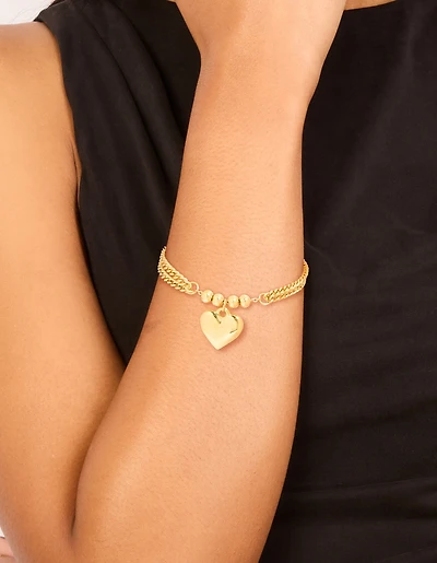 Waterproof Gold Plated Stainless Steel Heart Charm Double Row Bracelet