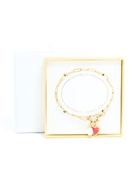 Waterproof Gold Plated Stainless Steel Red Enamel Heart & Pearl Charm Bracelet