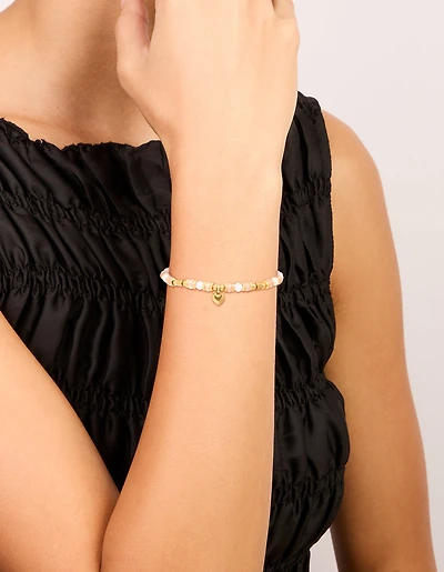 Waterproof Gold Plated Stainless Steel Rose Quartz Semi Precious Mini Heart Bracelet