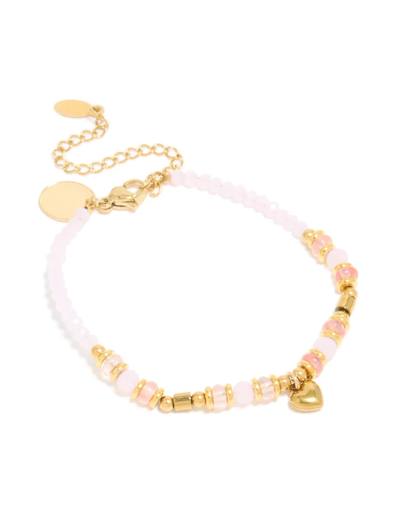 Waterproof Gold Plated Stainless Steel Rose Quartz Semi Precious Mini Heart Bracelet