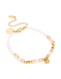 Waterproof Gold Plated Stainless Steel Rose Quartz Semi Precious Mini Heart Bracelet