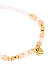 Waterproof Gold Plated Stainless Steel Rose Quartz Semi Precious Mini Heart Bracelet