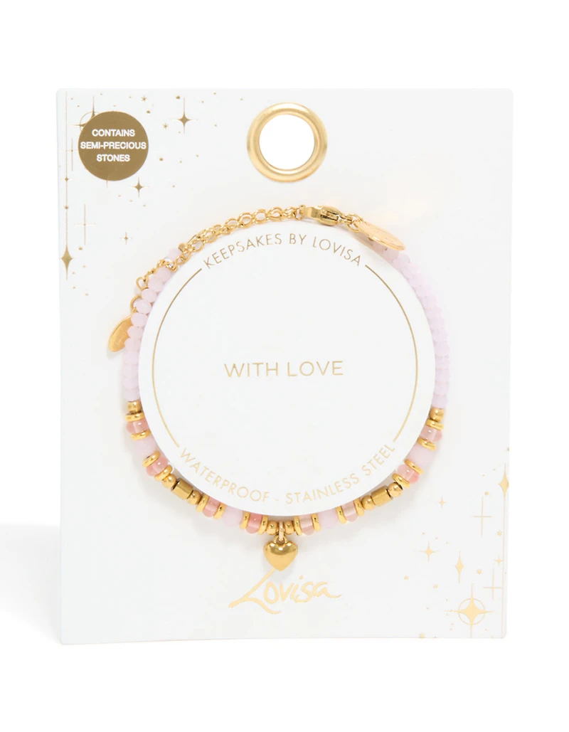 Waterproof Gold Plated Stainless Steel Rose Quartz Semi Precious Mini Heart Bracelet