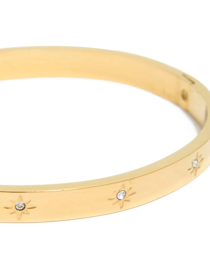Waterproof Gold Plated Stainless Steel Cubic Zirconia Hinged Sunburst Bangle