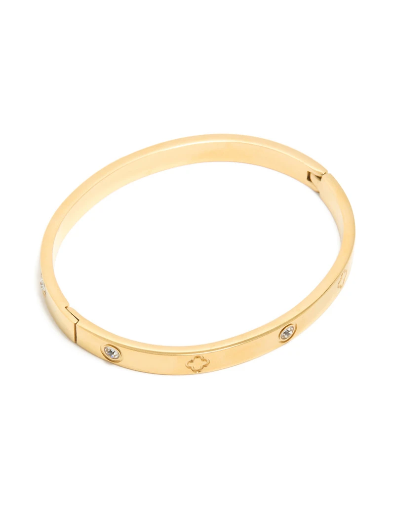 Waterproof Gold Plated Stainless Steel Cubic Zirconia Flower Bangle