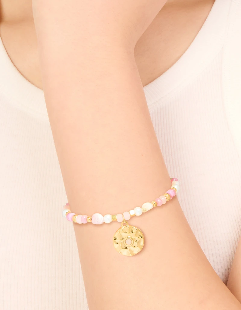 Waterproof Gold Plated Stainless Steel Rose Quartz Semi Precious Coin Bracelet