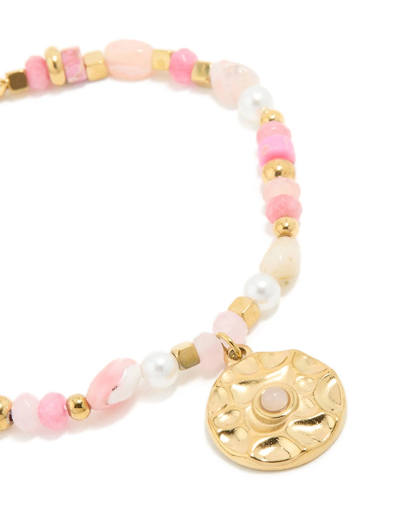 Waterproof Gold Plated Stainless Steel Rose Quartz Semi Precious Coin Bracelet