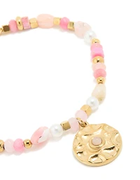 Waterproof Gold Plated Stainless Steel Rose Quartz Semi Precious Coin Bracelet