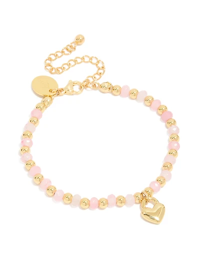 Bracelet étanche en acier inoxydable plaqué or et breloque cœur en perles roses
