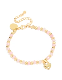 Bracelet étanche en acier inoxydable plaqué or et breloque cœur en perles roses