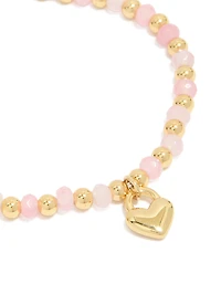 Waterproof Gold Plated Stainless Steel & Pink  Beaded Heart Charm Bracelet