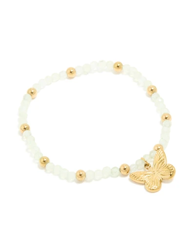 Waterproof Gold Plated Stainless Steel Green Semi Precious Stone Butterfly Stretch Bracelet