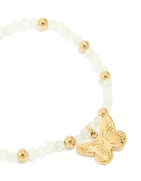 Waterproof Gold Plated Stainless Steel Green Semi Precious Stone Butterfly Stretch Bracelet