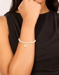 Waterproof Gold Plated Stainless Steel White Semi Precious Stone Heart Charm Stretch Bracelet