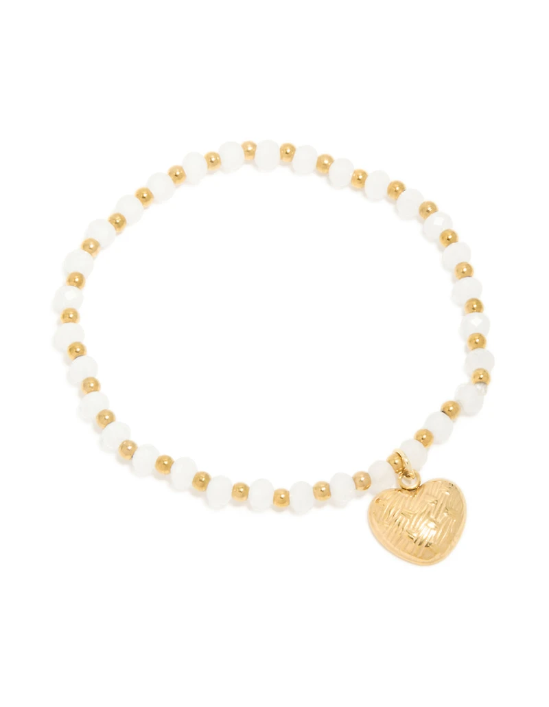 Waterproof Gold Plated Stainless Steel White Semi Precious Stone Heart Charm Stretch Bracelet