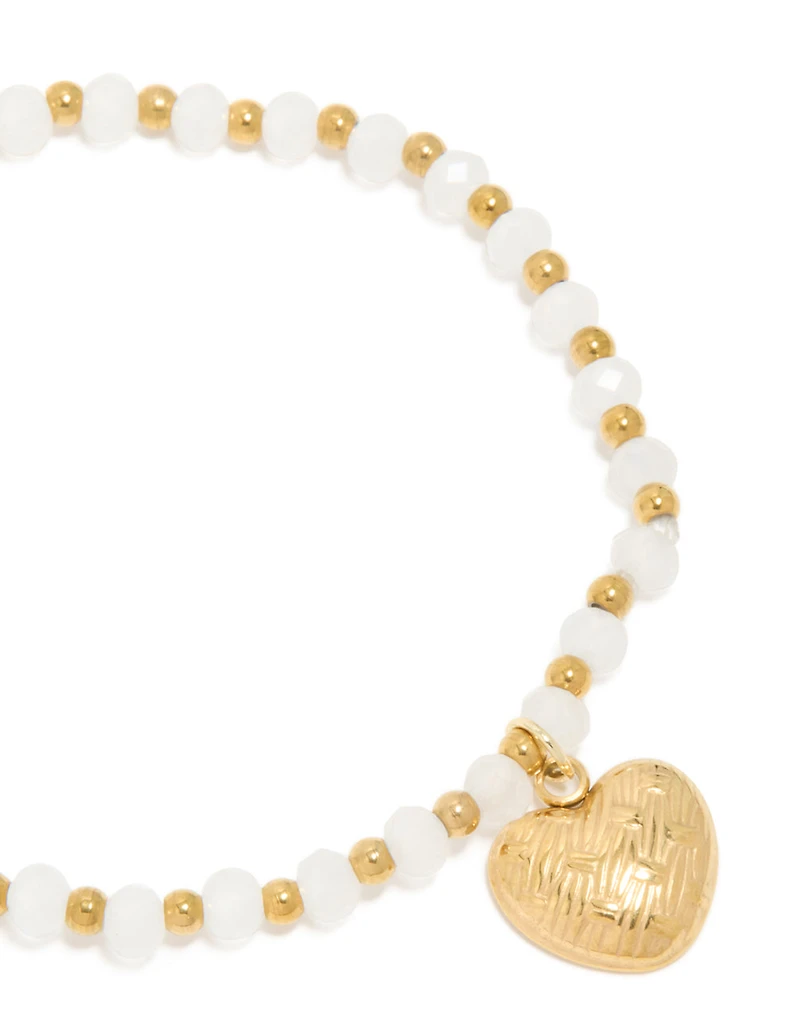 Waterproof Gold Plated Stainless Steel White Semi Precious Stone Heart Charm Stretch Bracelet