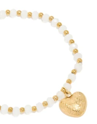 Waterproof Gold Plated Stainless Steel White Semi Precious Stone Heart Charm Stretch Bracelet