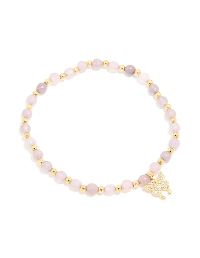 Waterproof Gold Plated Stainless Steel Amethyst Semi Precious Stone Butterfly Stretch Bracelet