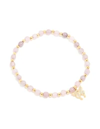 Waterproof Gold Plated Stainless Steel Amethyst Semi Precious Stone Butterfly Stretch Bracelet