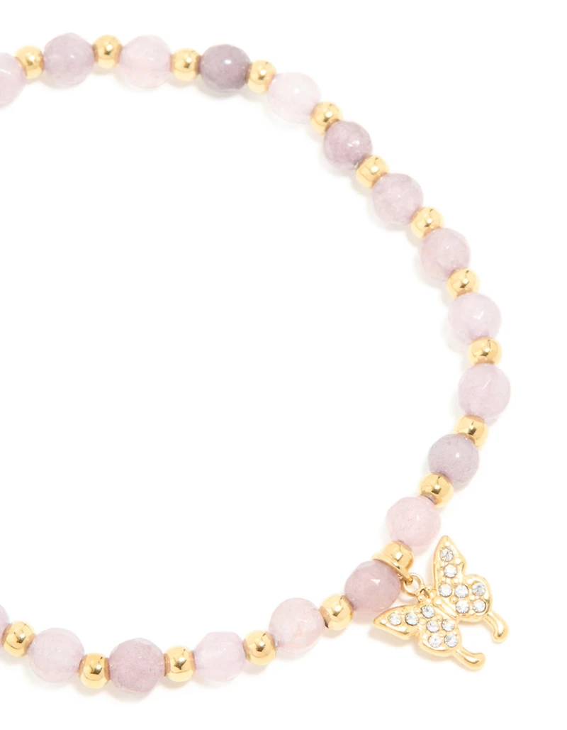 Waterproof Gold Plated Stainless Steel Amethyst Semi Precious Stone Butterfly Stretch Bracelet