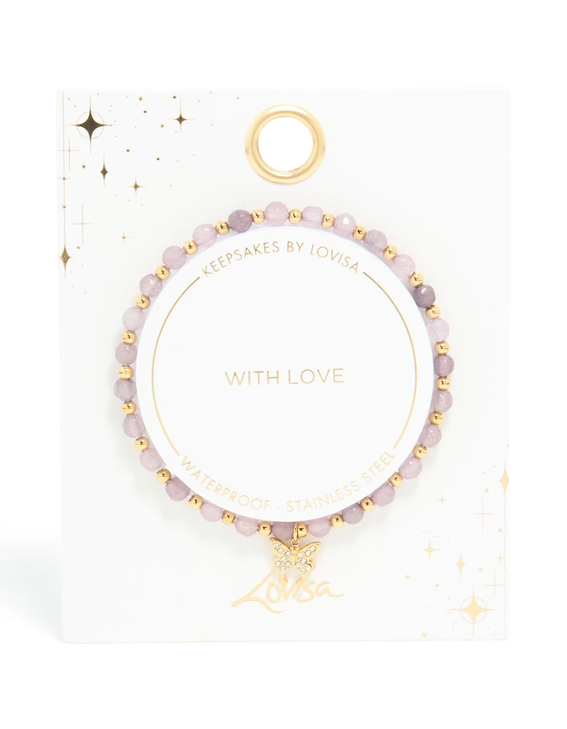Waterproof Gold Plated Stainless Steel Amethyst Semi Precious Stone Butterfly Stretch Bracelet