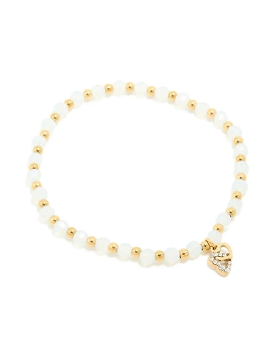 Waterproof Gold Plated Stainless Steel Clear Quartz Semi Precious Stone Heart Link Stretch Bracelet