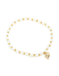 Waterproof Gold Plated Stainless Steel Clear Quartz Semi Precious Stone Heart Link Stretch Bracelet