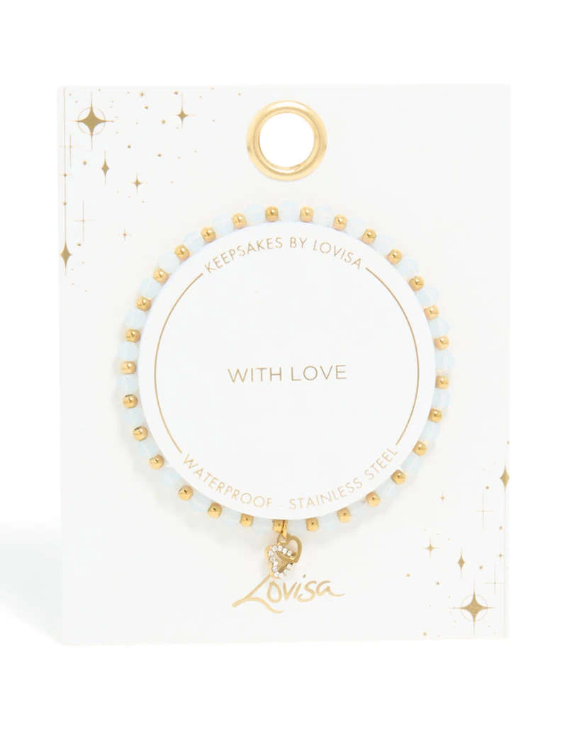 Waterproof Gold Plated Stainless Steel Clear Quartz Semi Precious Stone Heart Link Stretch Bracelet