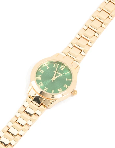 Montre romaine romaine classique à cadran vert doré