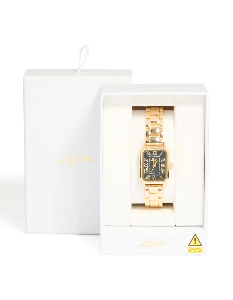Montre en chiffres romains rectangulaires noirs dorés